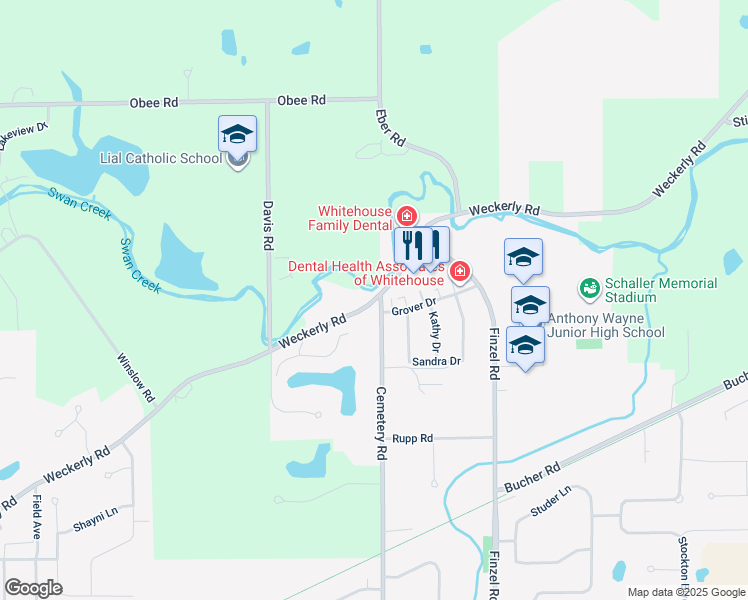 map of restaurants, bars, coffee shops, grocery stores, and more near 5960 Weckerly Road in Whitehouse