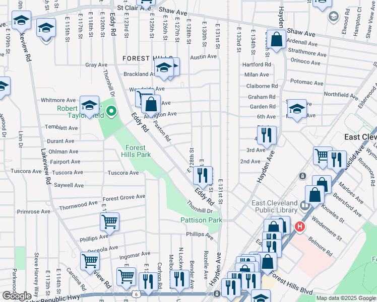 map of restaurants, bars, coffee shops, grocery stores, and more near 935 East 128th Street in Cleveland