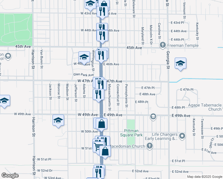 map of restaurants, bars, coffee shops, grocery stores, and more near 4743 Massachusetts Street in Gary