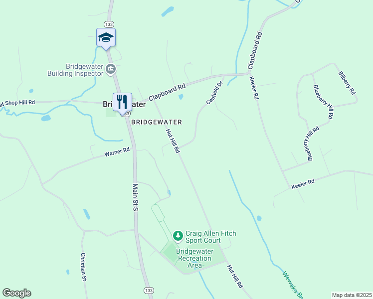 map of restaurants, bars, coffee shops, grocery stores, and more near 1 Canfield Drive in Bridgewater