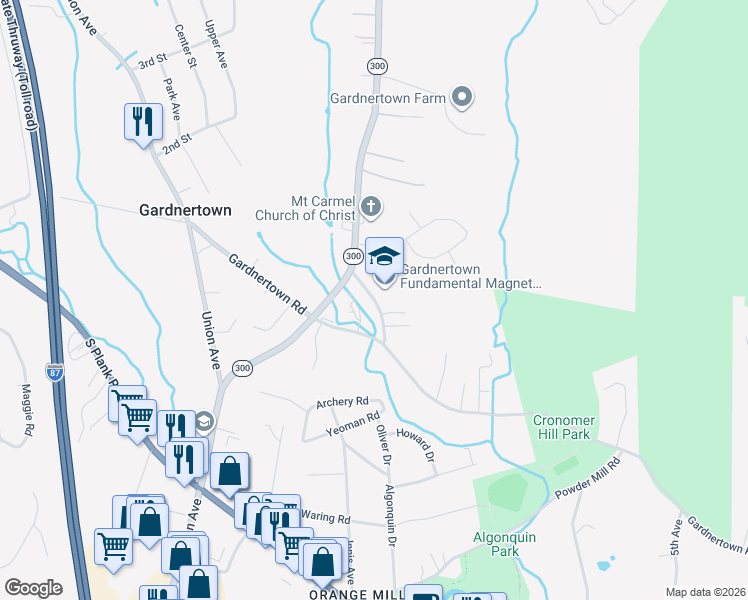 map of restaurants, bars, coffee shops, grocery stores, and more near Plattekill Turnpike in Gardnertown