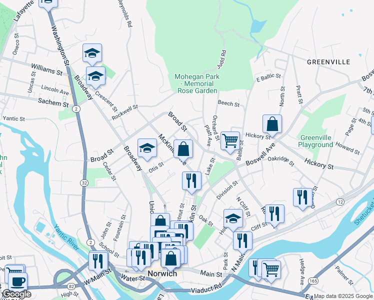 map of restaurants, bars, coffee shops, grocery stores, and more near 46 Freeman Avenue in Norwich