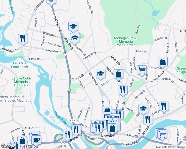 map of restaurants, bars, coffee shops, grocery stores, and more near 219 Broadway in Norwich