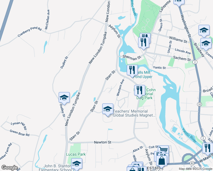 map of restaurants, bars, coffee shops, grocery stores, and more near 62 Starr Street in Norwich