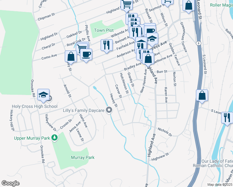 map of restaurants, bars, coffee shops, grocery stores, and more near 109 Hewey Street in Waterbury