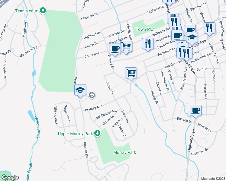map of restaurants, bars, coffee shops, grocery stores, and more near 33 Arnold Street in Waterbury