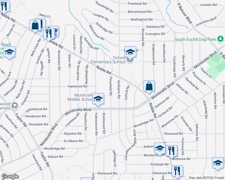map of restaurants, bars, coffee shops, grocery stores, and more near 1035 Pennfield Road in Cleveland Heights