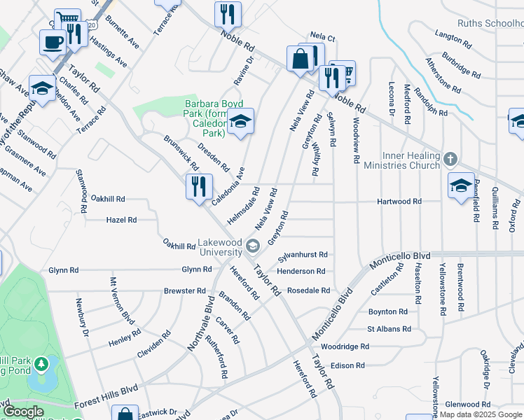 map of restaurants, bars, coffee shops, grocery stores, and more near 1038 Nela View Road in Cleveland Heights