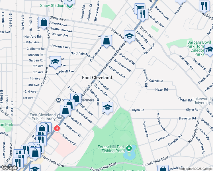 map of restaurants, bars, coffee shops, grocery stores, and more near 1847 Lee Boulevard in East Cleveland