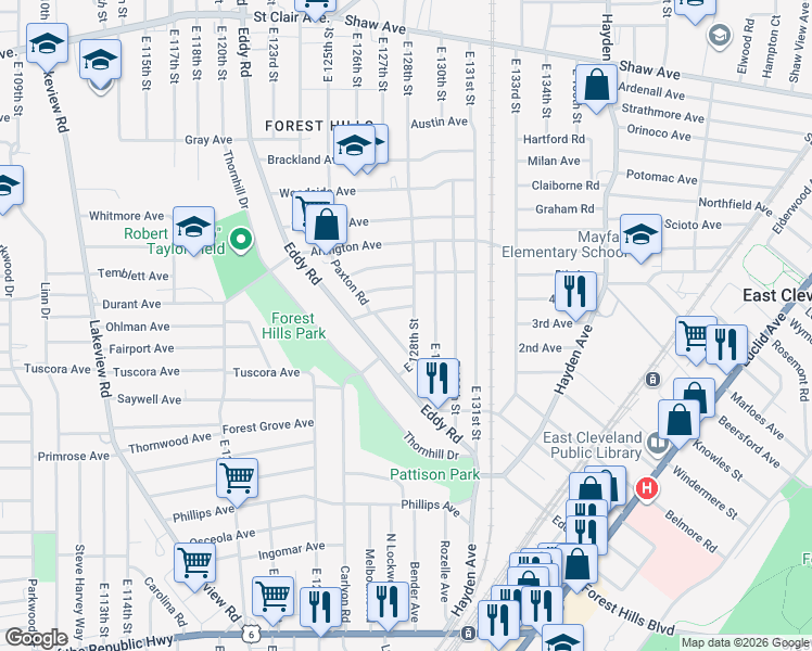 map of restaurants, bars, coffee shops, grocery stores, and more near 935 East 128th Street in Cleveland