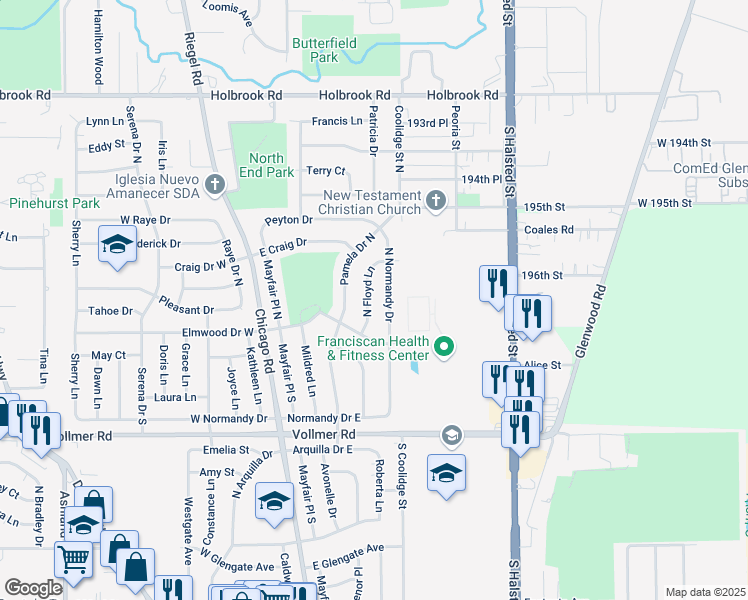map of restaurants, bars, coffee shops, grocery stores, and more near 131 North Floyd Lane in Chicago Heights