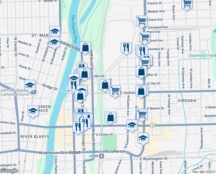 map of restaurants, bars, coffee shops, grocery stores, and more near 99 East Jackson Street in Joliet