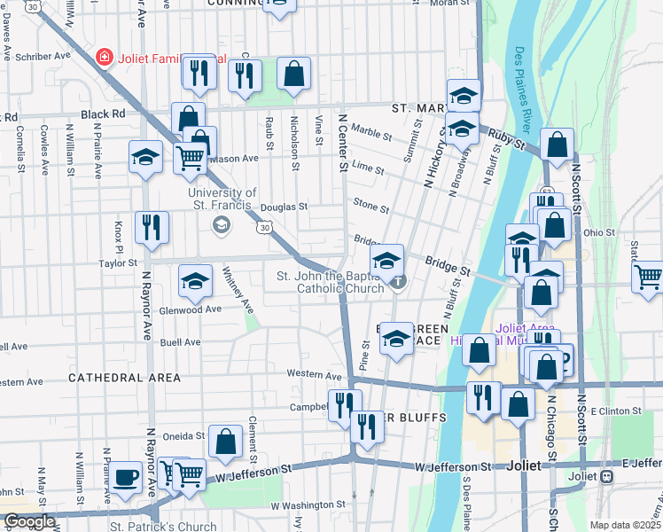 map of restaurants, bars, coffee shops, grocery stores, and more near 414 North Center Street in Joliet