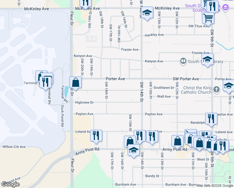 map of restaurants, bars, coffee shops, grocery stores, and more near 1616 Southlawn Drive in Des Moines