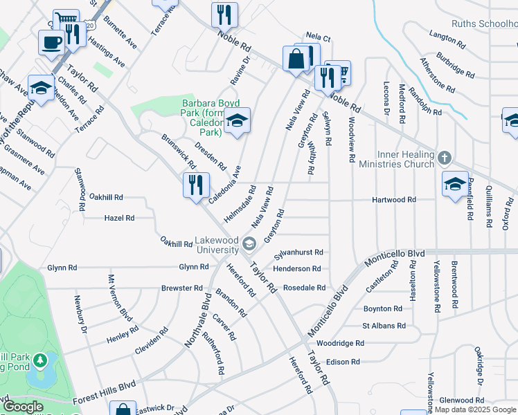 map of restaurants, bars, coffee shops, grocery stores, and more near 1038 Nela View Road in Cleveland Heights
