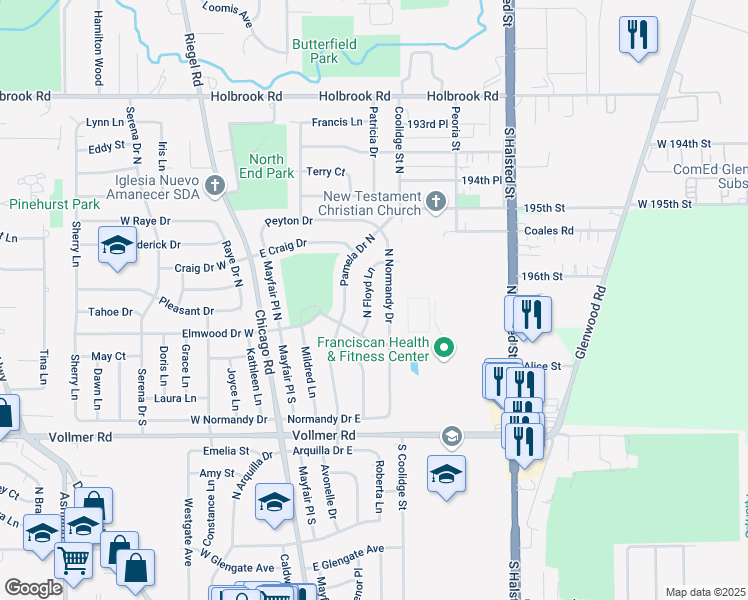 map of restaurants, bars, coffee shops, grocery stores, and more near 131 North Floyd Lane in Chicago Heights