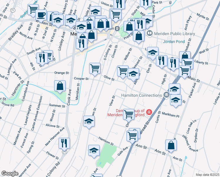 map of restaurants, bars, coffee shops, grocery stores, and more near 43 Grant Street in Meriden