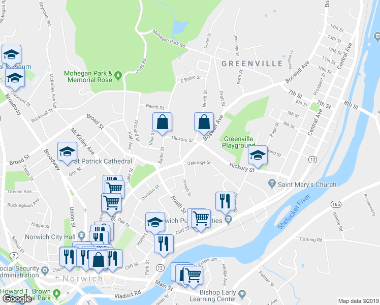 map of restaurants, bars, coffee shops, grocery stores, and more near 188 Boswell Avenue in Norwich