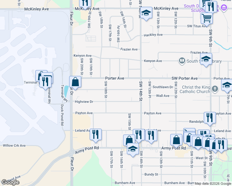 map of restaurants, bars, coffee shops, grocery stores, and more near 1616 Southlawn Drive in Des Moines