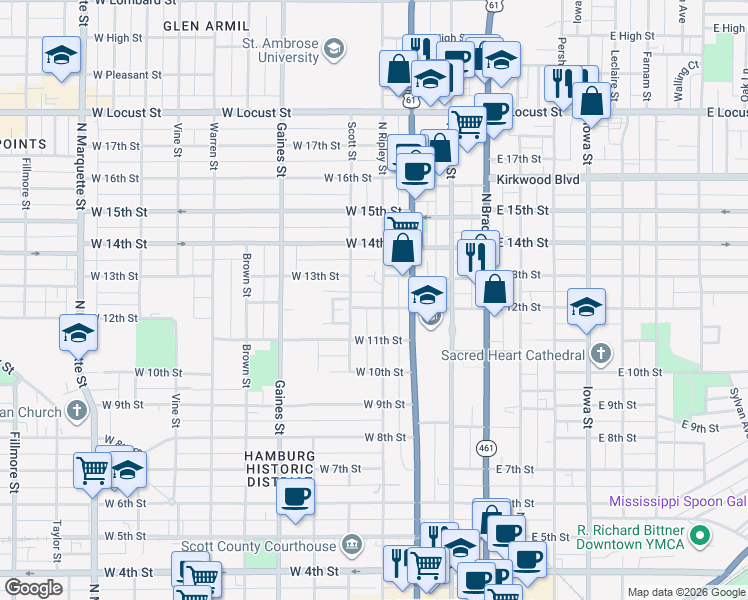 map of restaurants, bars, coffee shops, grocery stores, and more near 404 West 12th Street in Davenport
