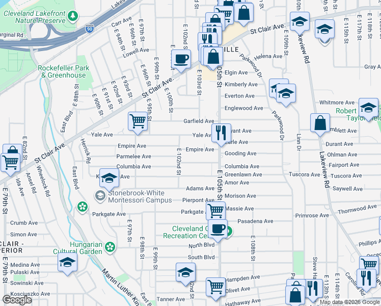 map of restaurants, bars, coffee shops, grocery stores, and more near 10227 Columbia Avenue in Cleveland