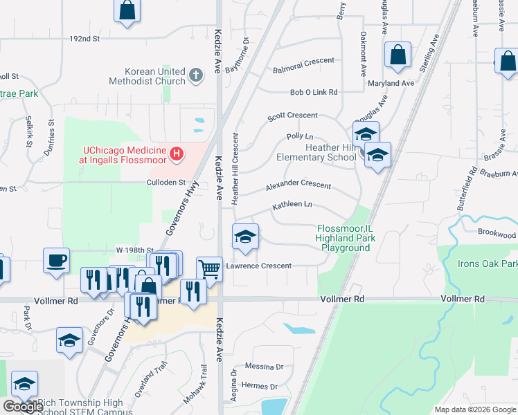 map of restaurants, bars, coffee shops, grocery stores, and more near 3043 Kathleen Lane in Flossmoor