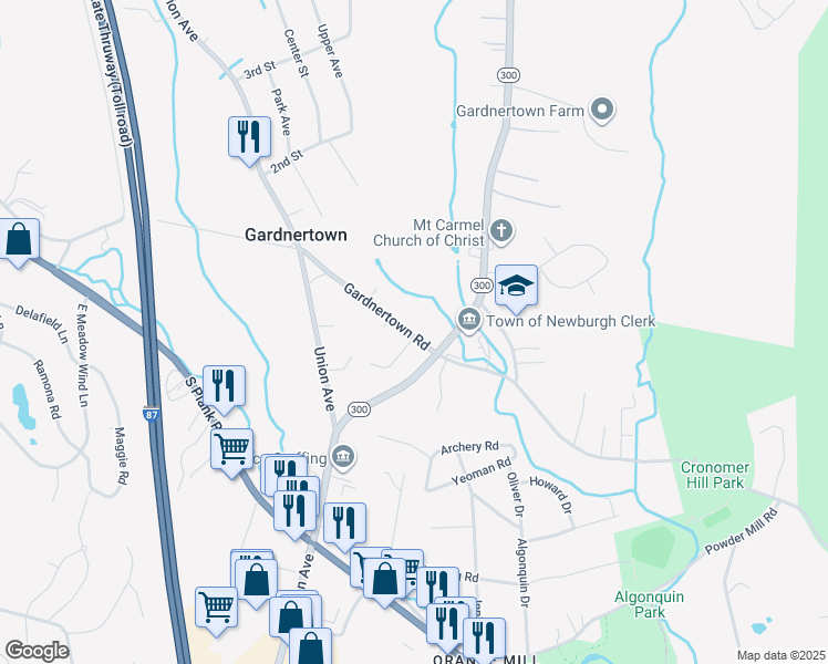 map of restaurants, bars, coffee shops, grocery stores, and more near 324 Gardnertown Road in Newburgh
