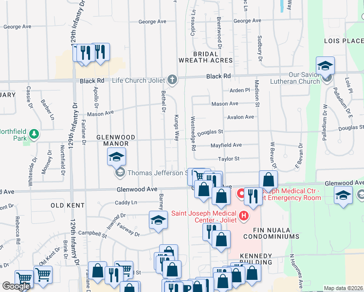 map of restaurants, bars, coffee shops, grocery stores, and more near 516 Kungs Way in Joliet