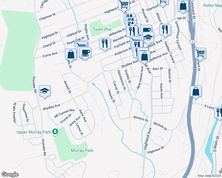 map of restaurants, bars, coffee shops, grocery stores, and more near 109 Hewey Street in Waterbury