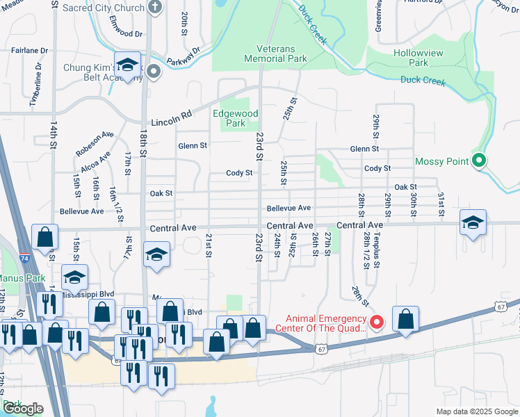 map of restaurants, bars, coffee shops, grocery stores, and more near Bellevue Avenue in Bettendorf