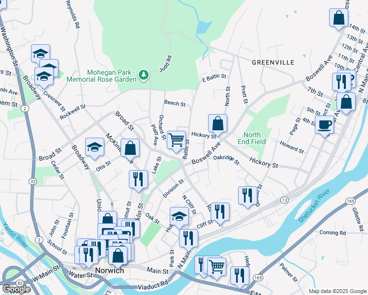 map of restaurants, bars, coffee shops, grocery stores, and more near 25 Baltic Street in Norwich
