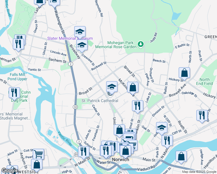 map of restaurants, bars, coffee shops, grocery stores, and more near 219 Broadway in Norwich