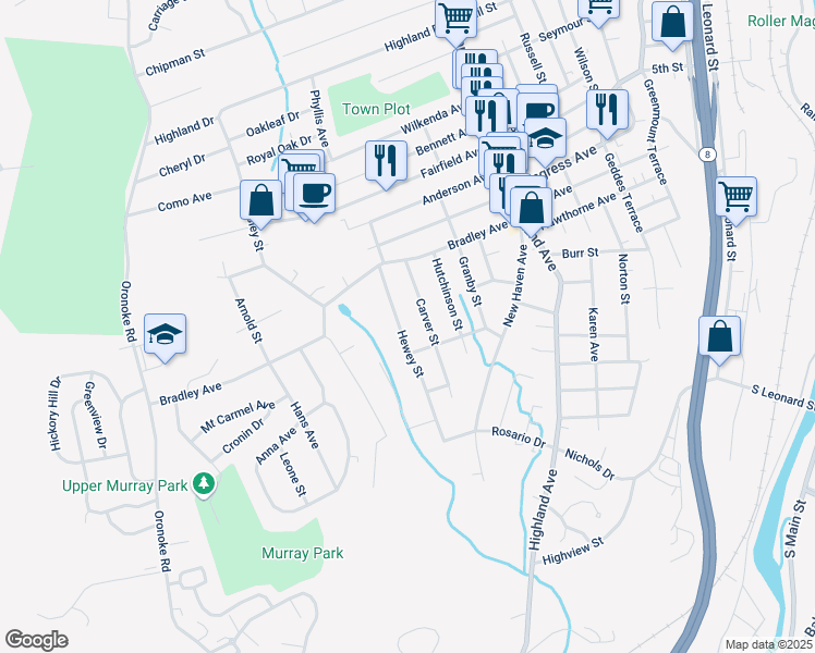 map of restaurants, bars, coffee shops, grocery stores, and more near 109 Hewey Street in Waterbury