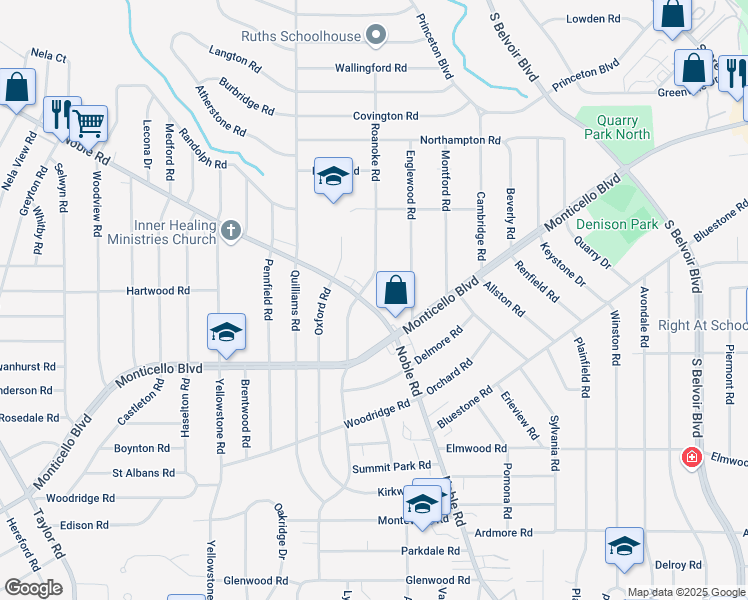map of restaurants, bars, coffee shops, grocery stores, and more near 2570 Noble Road in Cleveland Heights