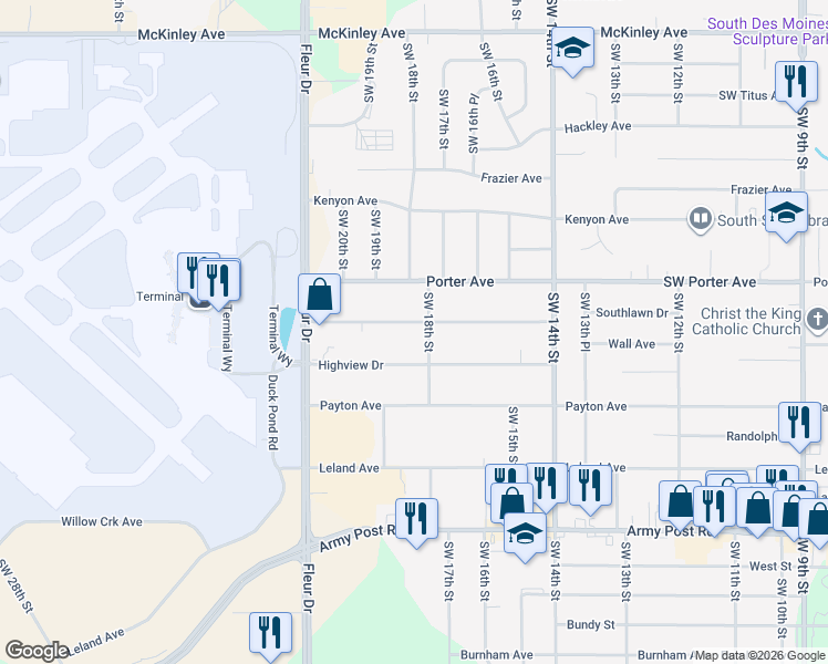map of restaurants, bars, coffee shops, grocery stores, and more near 1808 Southlawn Drive in Des Moines