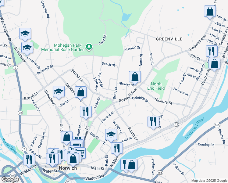 map of restaurants, bars, coffee shops, grocery stores, and more near 25 Baltic Street in Norwich