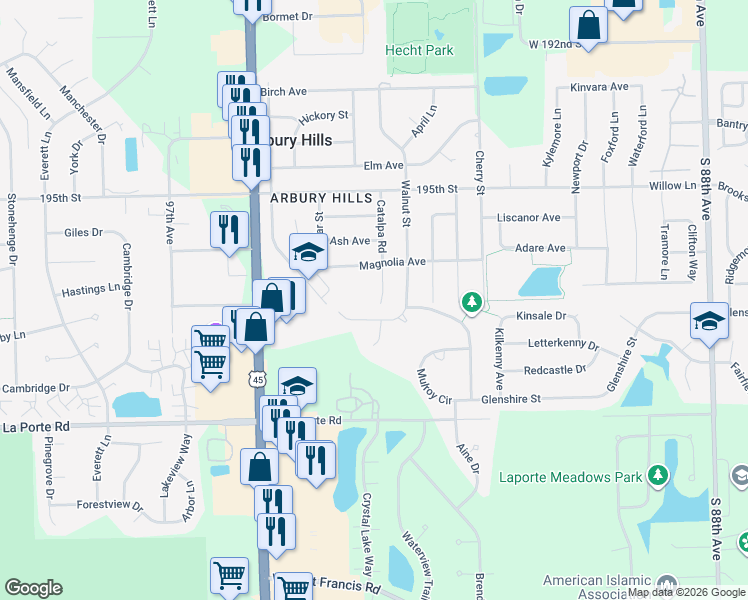 map of restaurants, bars, coffee shops, grocery stores, and more near 19644 Catalpa Road in Mokena