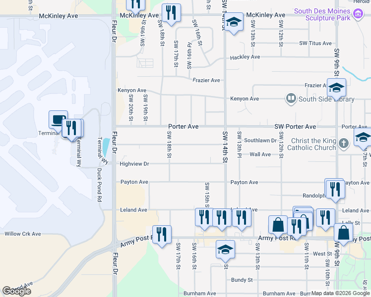 map of restaurants, bars, coffee shops, grocery stores, and more near 1616 Southlawn Drive in Des Moines