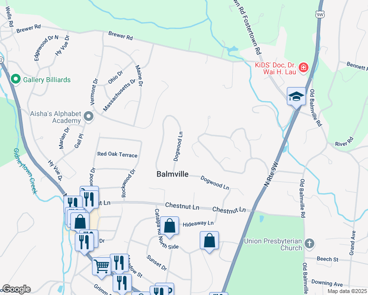 map of restaurants, bars, coffee shops, grocery stores, and more near 122 Dogwood Lane in Newburgh