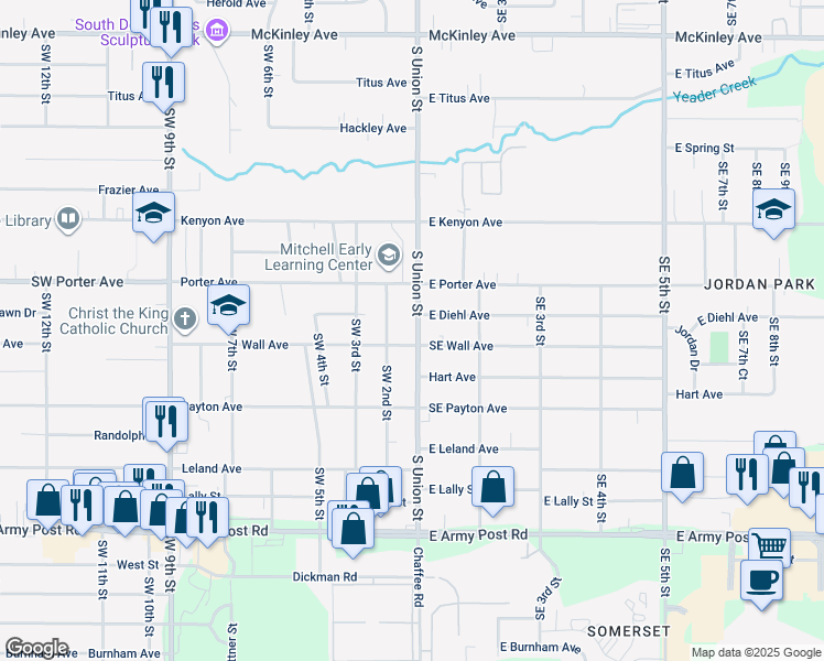 map of restaurants, bars, coffee shops, grocery stores, and more near 5714 South Union Street in Des Moines