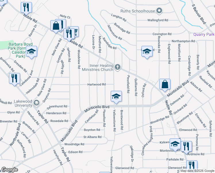 map of restaurants, bars, coffee shops, grocery stores, and more near 1045 Rushleigh Road in Cleveland Heights