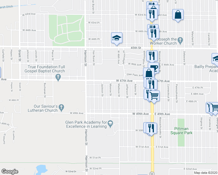 map of restaurants, bars, coffee shops, grocery stores, and more near 4736 Monroe Street in Gary