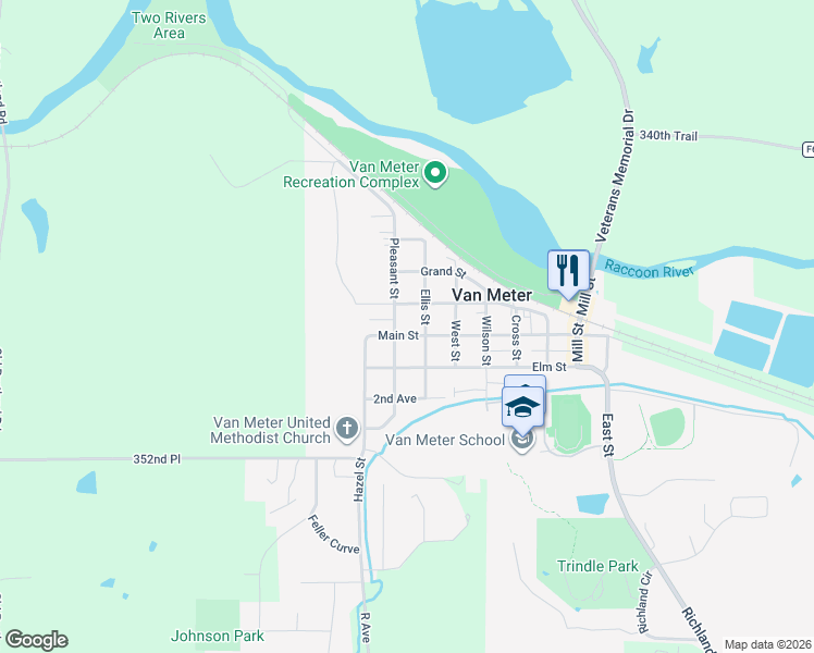 map of restaurants, bars, coffee shops, grocery stores, and more near 308 Pleasant Street in Van Meter