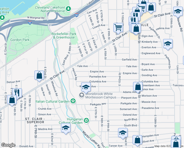 map of restaurants, bars, coffee shops, grocery stores, and more near 9113 Parmelee Avenue in Cleveland