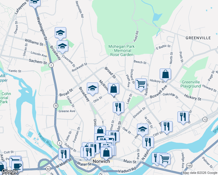map of restaurants, bars, coffee shops, grocery stores, and more near 58 McKinley Avenue in Norwich