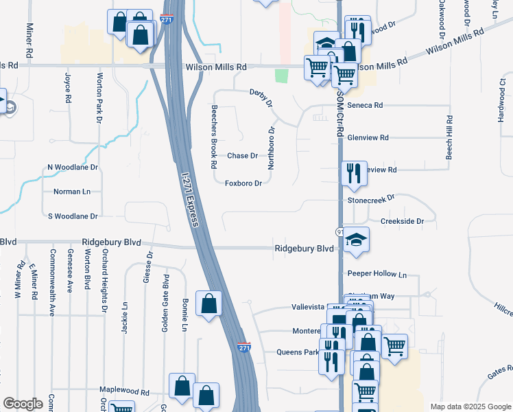 map of restaurants, bars, coffee shops, grocery stores, and more near 6554 Hidden Woods Trail in Cleveland