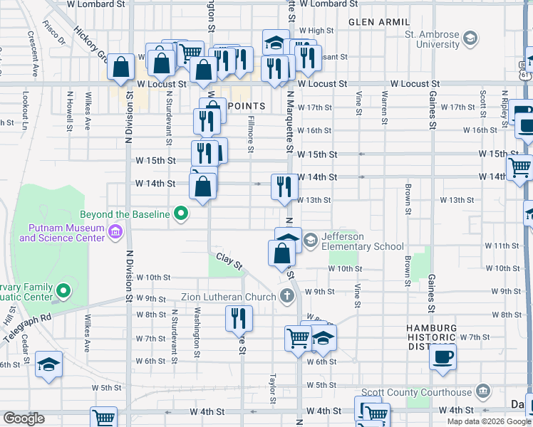 map of restaurants, bars, coffee shops, grocery stores, and more near 1326 West 12th Street in Davenport