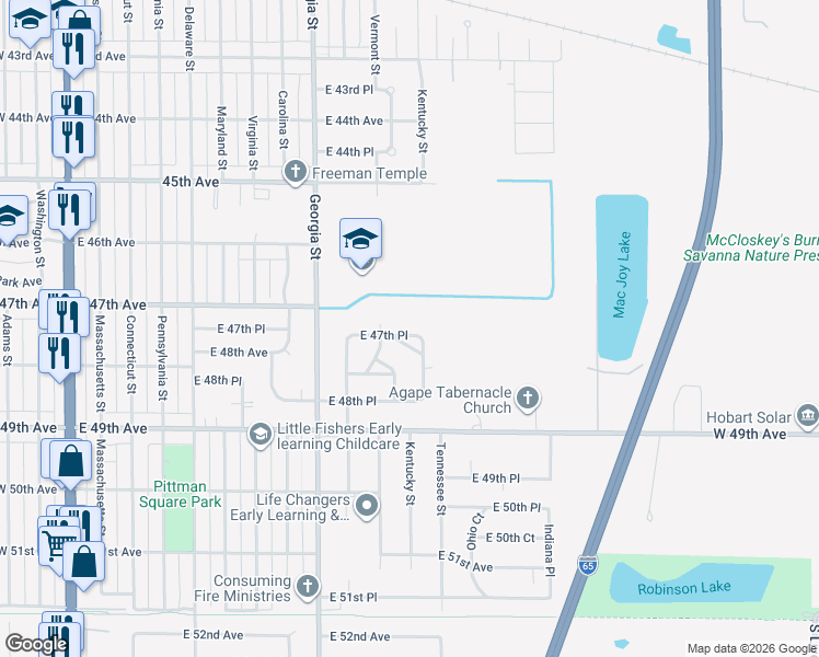 map of restaurants, bars, coffee shops, grocery stores, and more near 4751 Kentucky Street in Gary