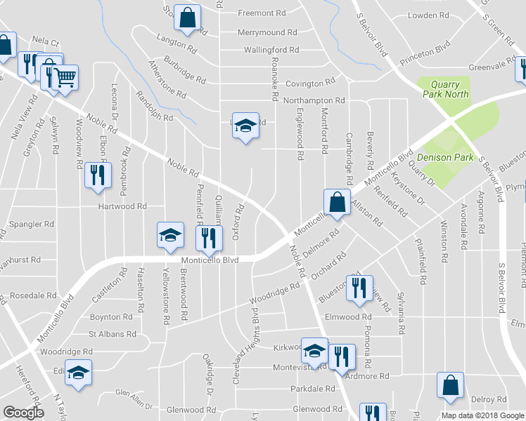 map of restaurants, bars, coffee shops, grocery stores, and more near Noble Road in Cleveland Heights