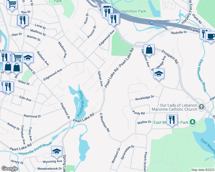map of restaurants, bars, coffee shops, grocery stores, and more near 904 Pearl Lake Road in Waterbury